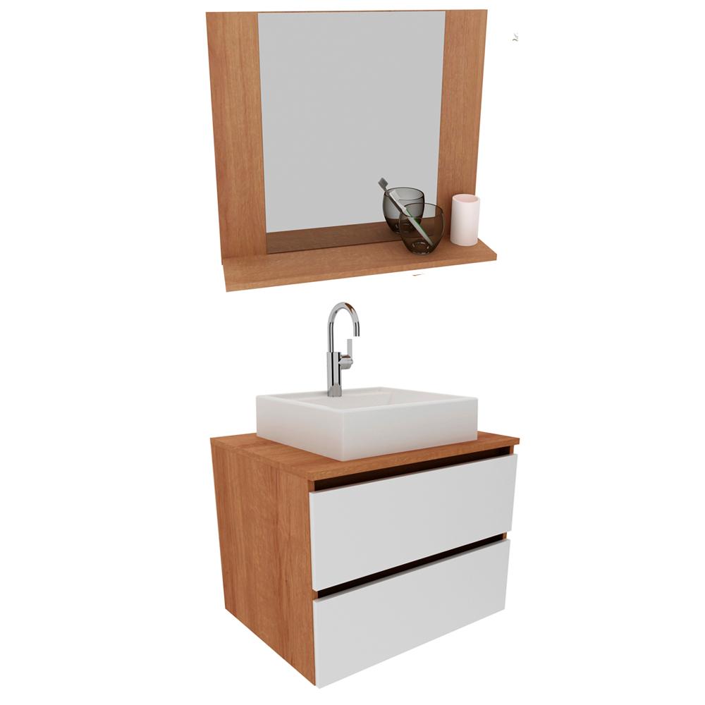 Conjunto Para Banheiro Armarios Com Cuba E Espelho BN9 Amendoa Branco Tecno Mobili