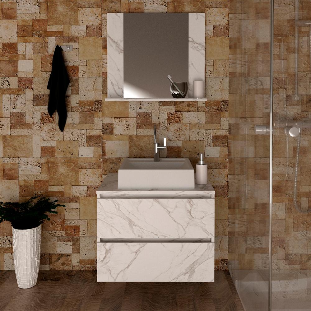 Conjunto Para Banheiro Armarios Com Cuba E Espelho BN9 Marmore Branco Tecno Mobili