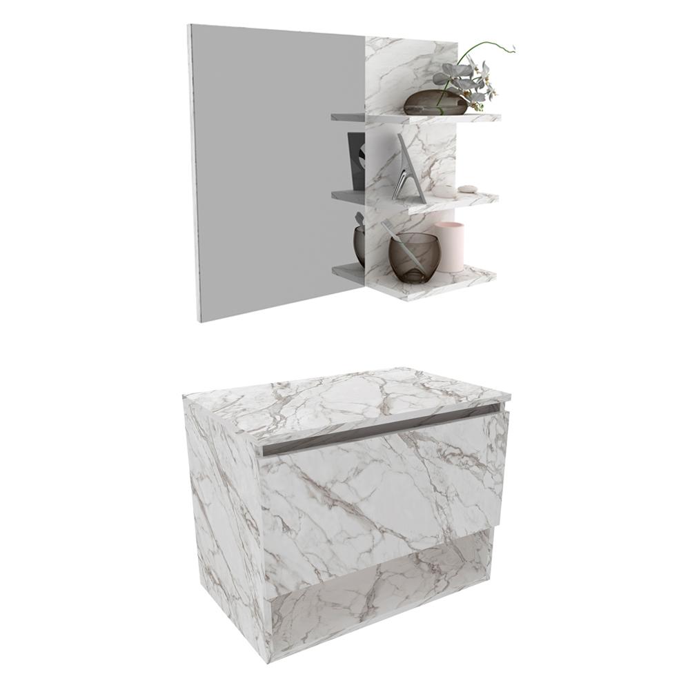 Conjunto Para Banheiro Gabinete E Espelheira BN3606x08 Marmore Branco Tecno Mobili