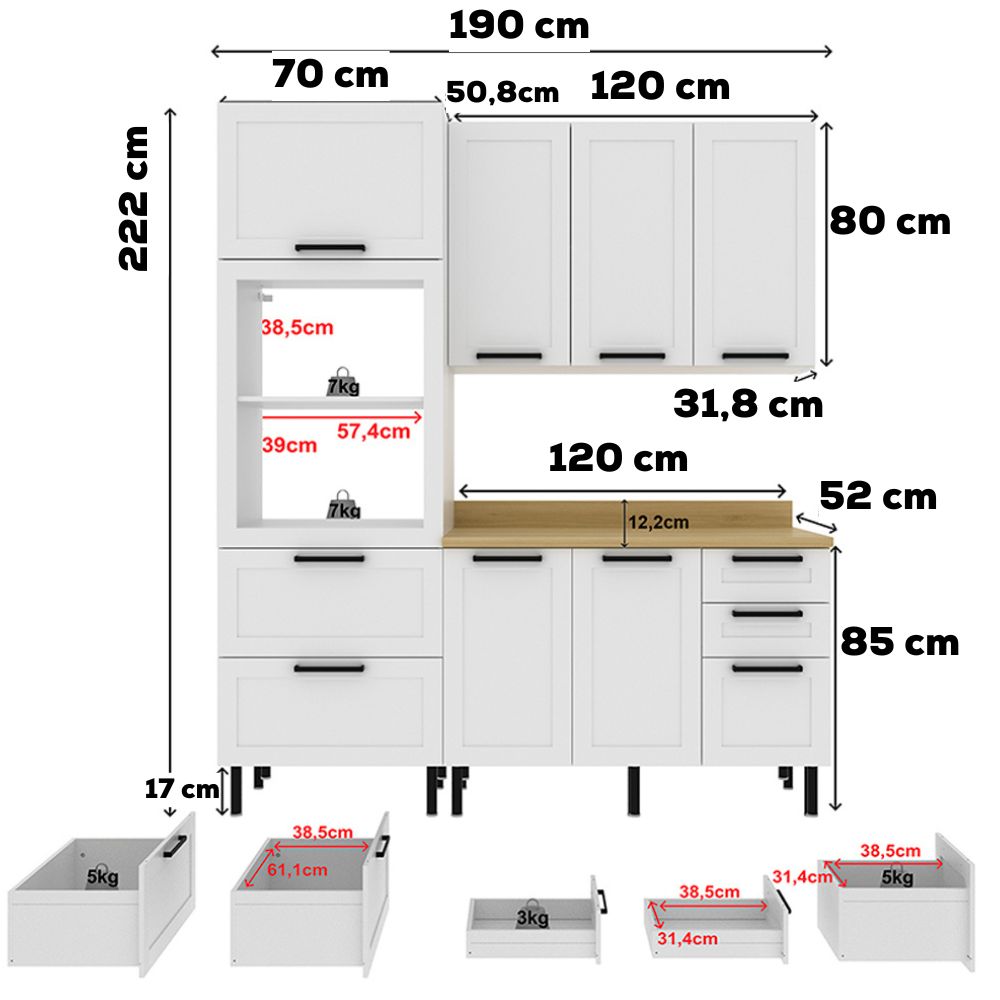 Cozinha Modulada 4 Pecas 190 cm MDF Branco Carvalho Tecno Mobili
