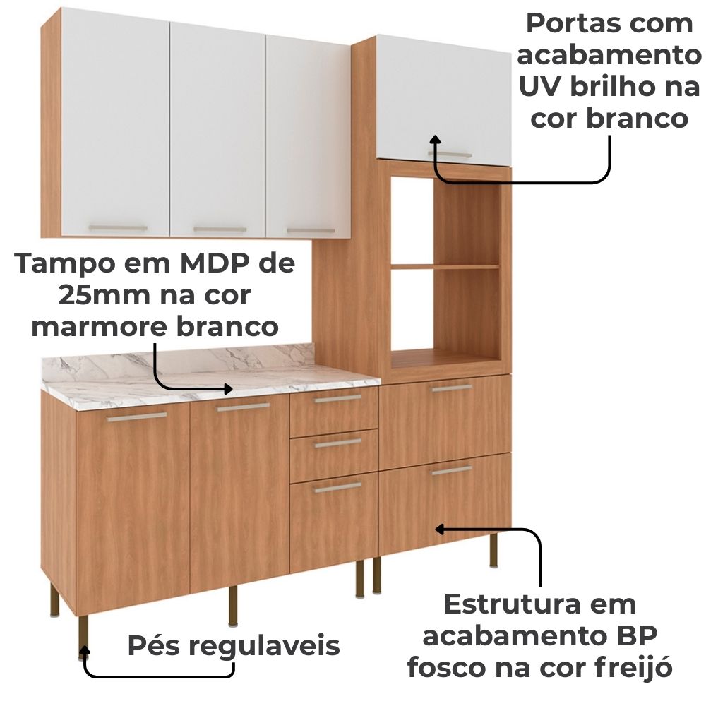 Cozinha Modulada 4 Pecas 200 cm Freijo Branco Marmore Branco Tecno Mobili