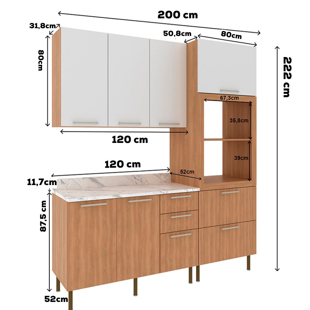 Cozinha Modulada 4 Pecas 200 cm Freijo Branco Marmore Branco Tecno Mobili