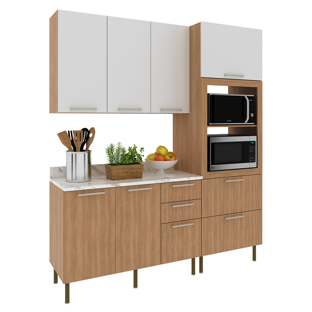 Cozinha Modulada 4 Pecas 200 cm Freijo Branco Marmore Branco Tecno Mobili