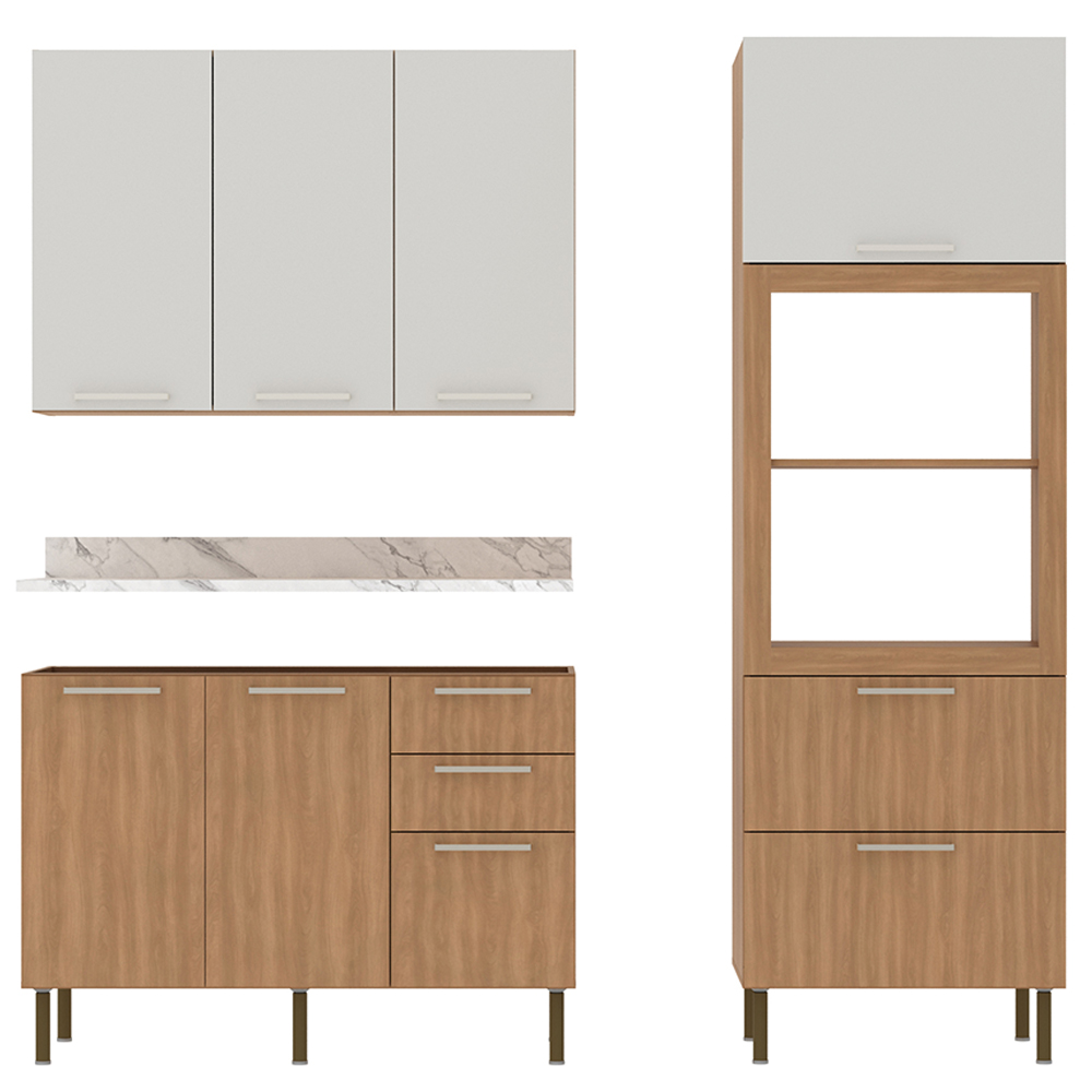 Cozinha Modulada 4 Pecas 200 cm Freijo Branco Marmore Branco Tecno Mobili