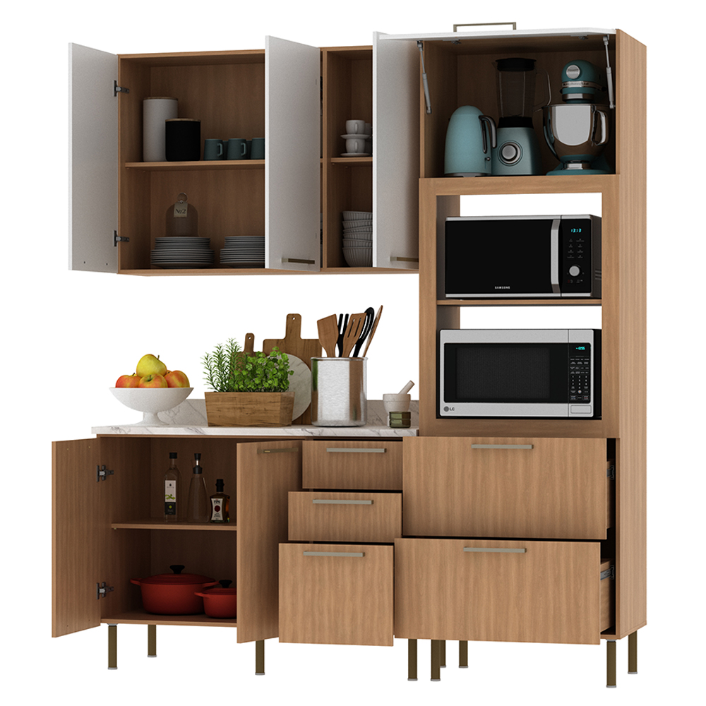 Cozinha Modulada 4 Pecas 200 cm Freijo Branco Marmore Branco Tecno Mobili