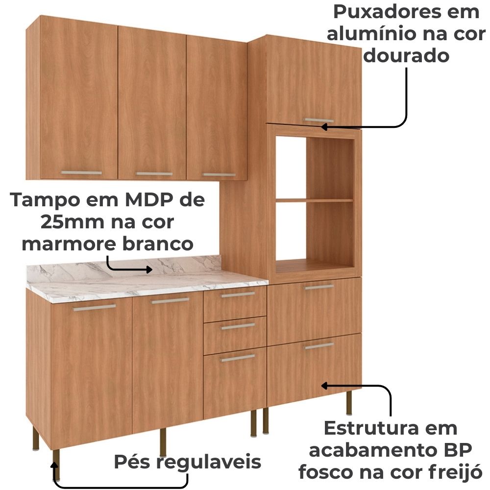 Cozinha Modulada 4 Pecas 200 cm Freijo Marmore Branco Tecno Mobili
