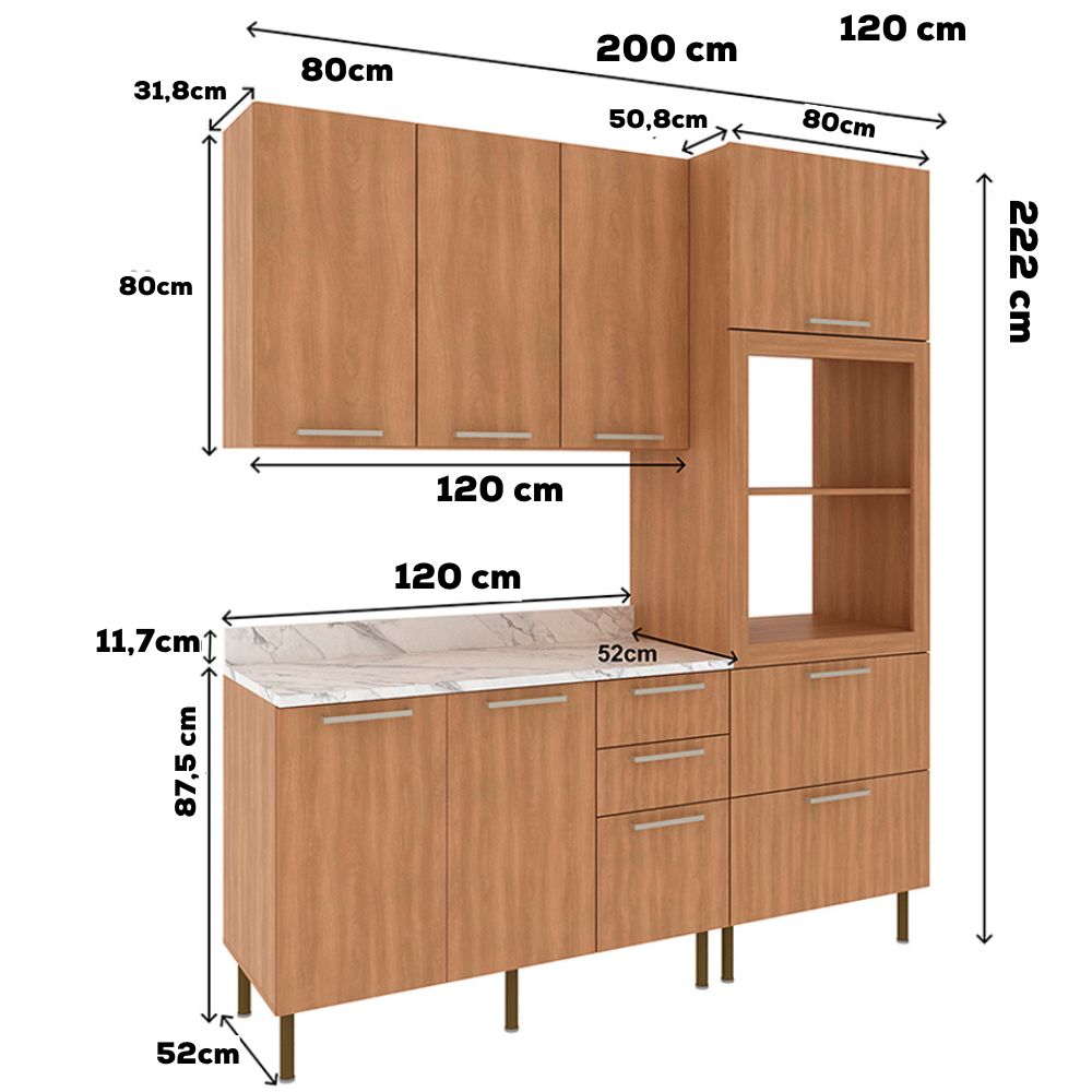 Cozinha Modulada 4 Pecas 200 cm Freijo Marmore Branco Tecno Mobili