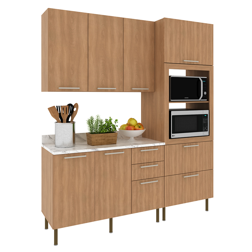Cozinha Modulada 4 Pecas 200 cm Freijo Marmore Branco Tecno Mobili