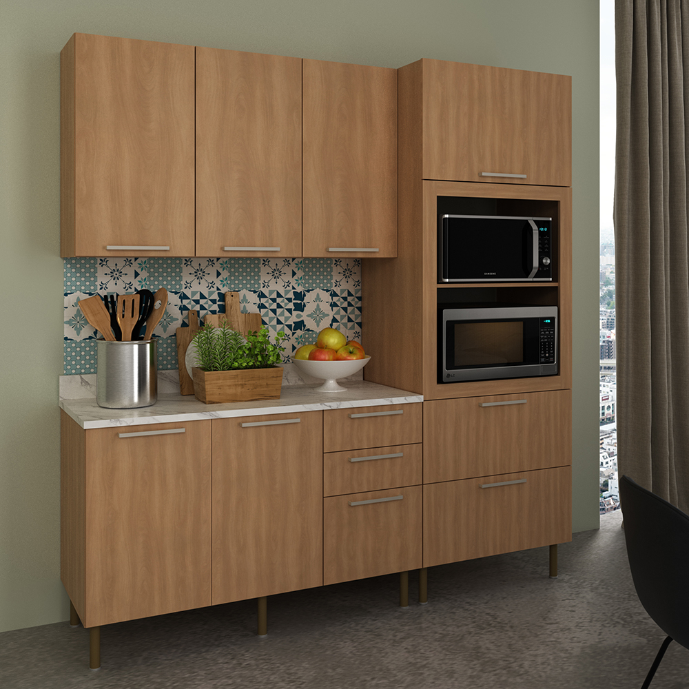 Cozinha Modulada 4 Pecas 200 cm Freijo Marmore Branco Tecno Mobili