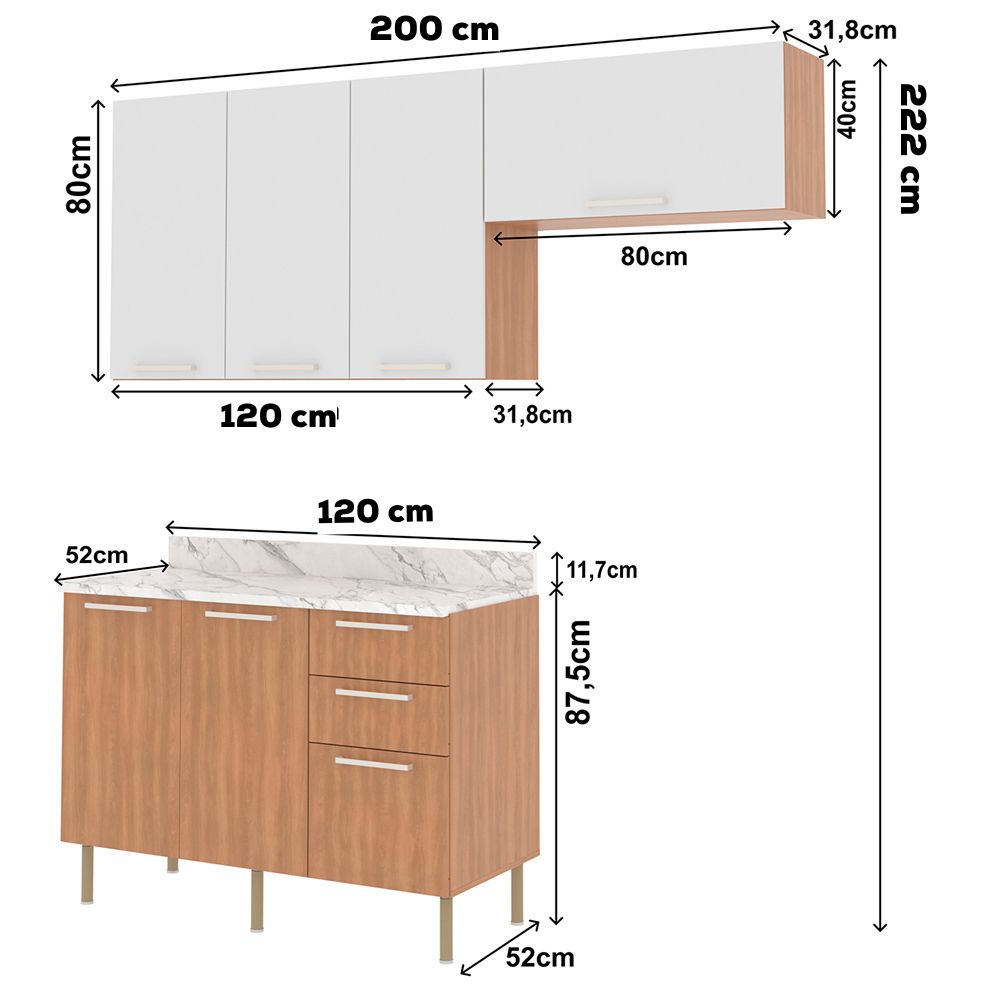 Cozinha Modulada 4 Pecas 200 cm MDP Freijo Branco Marmore Branco Tecno Mobili