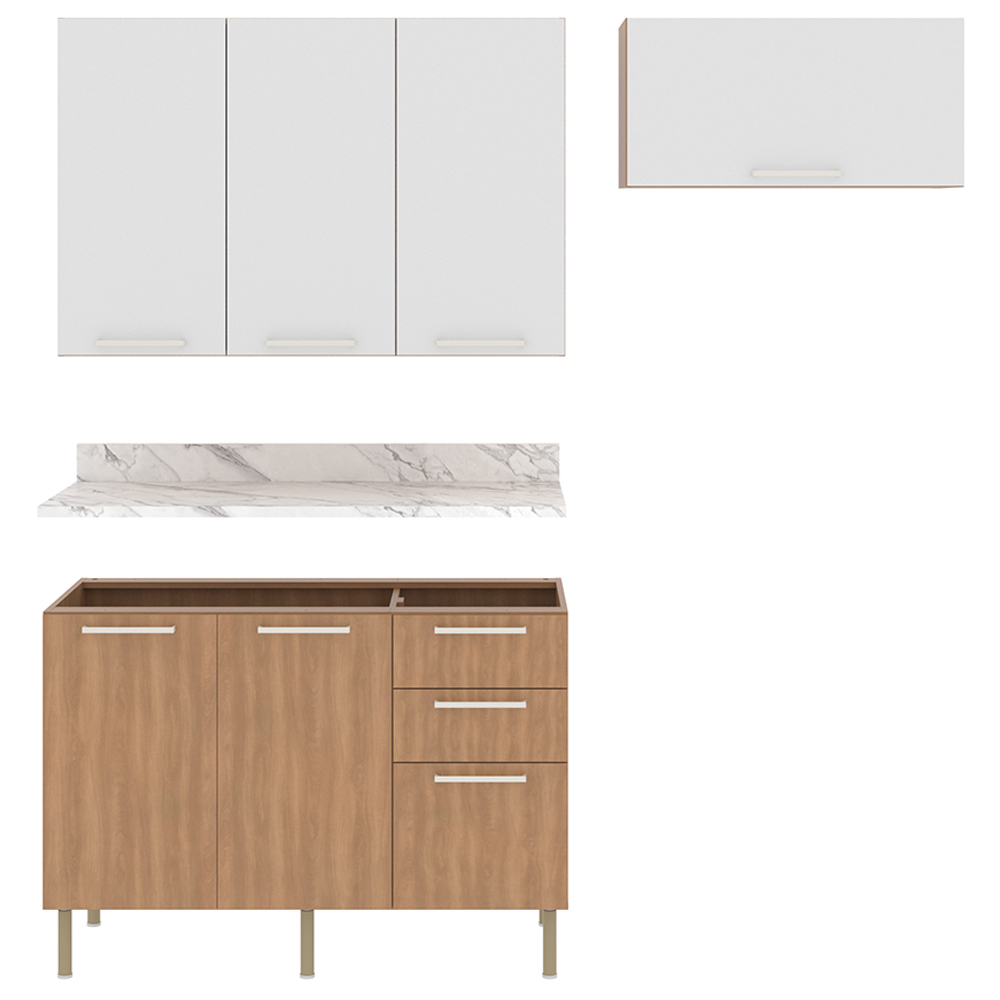 Cozinha Modulada 4 Pecas 200 cm MDP Freijo Branco Marmore Branco Tecno Mobili