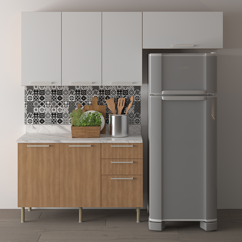 Cozinha Modulada 4 Pecas 200 cm MDP Freijo Branco Marmore Branco Tecno Mobili