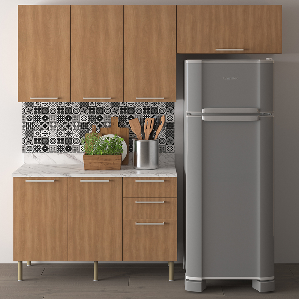 Cozinha Modulada 4 Pecas 200 cm MDP Freijo Marmore Branco Tecno Mobili