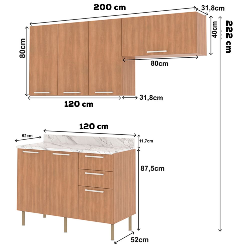Cozinha Modulada 4 Pecas 200 cm MDP Freijo Marmore Branco Tecno Mobili