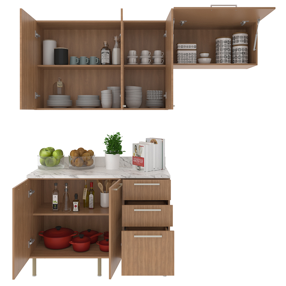 Cozinha Modulada 4 Pecas 200 cm MDP Freijo Marmore Branco Tecno Mobili
