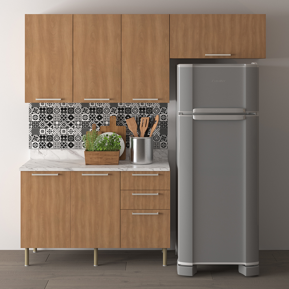 Cozinha Modulada 4 Pecas 200 cm MDP Freijo Marmore Branco Tecno Mobili