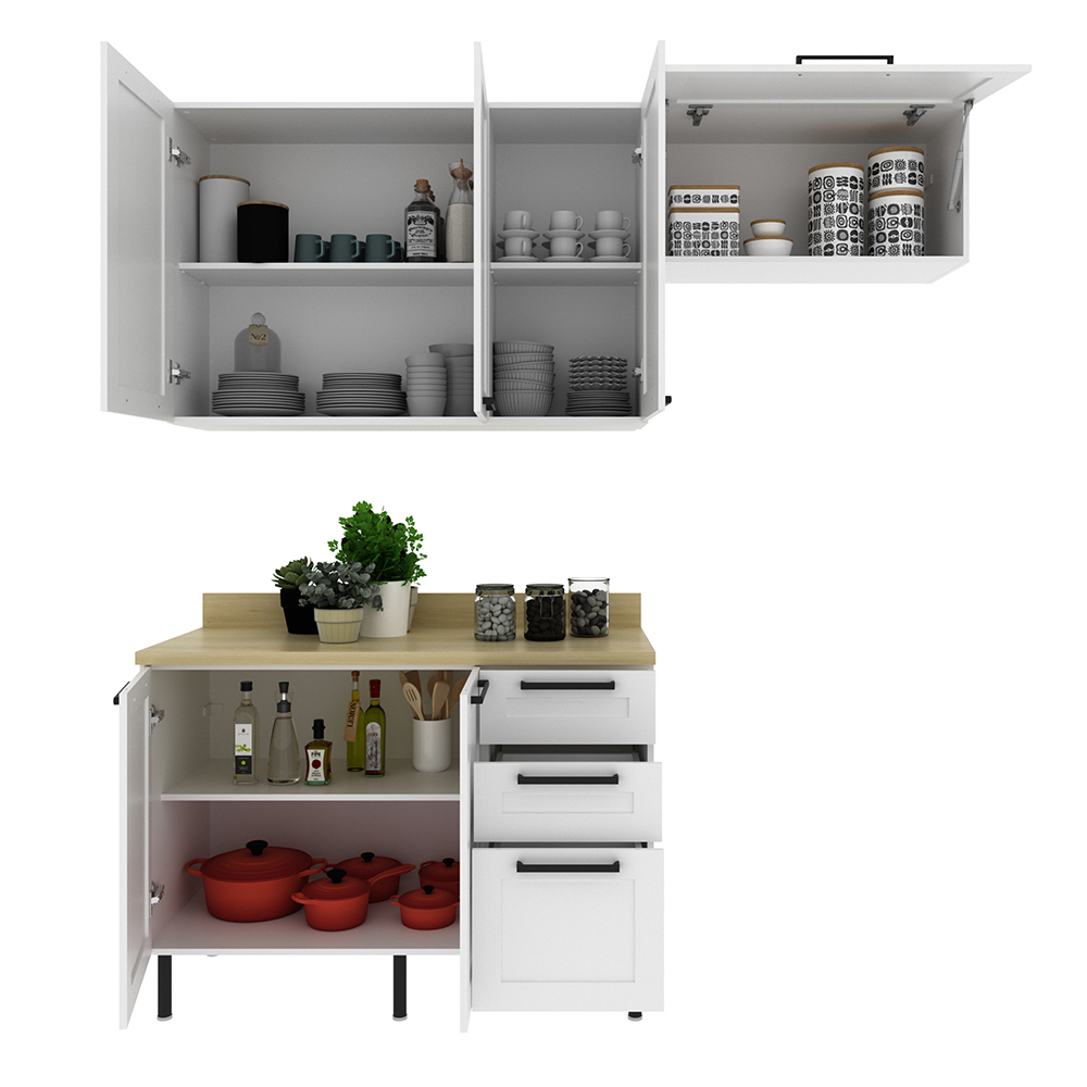 Cozinha Modulada 4 Pecas MDF 200cm Tecno Mobili Branco Carvalho Tecno Mobili