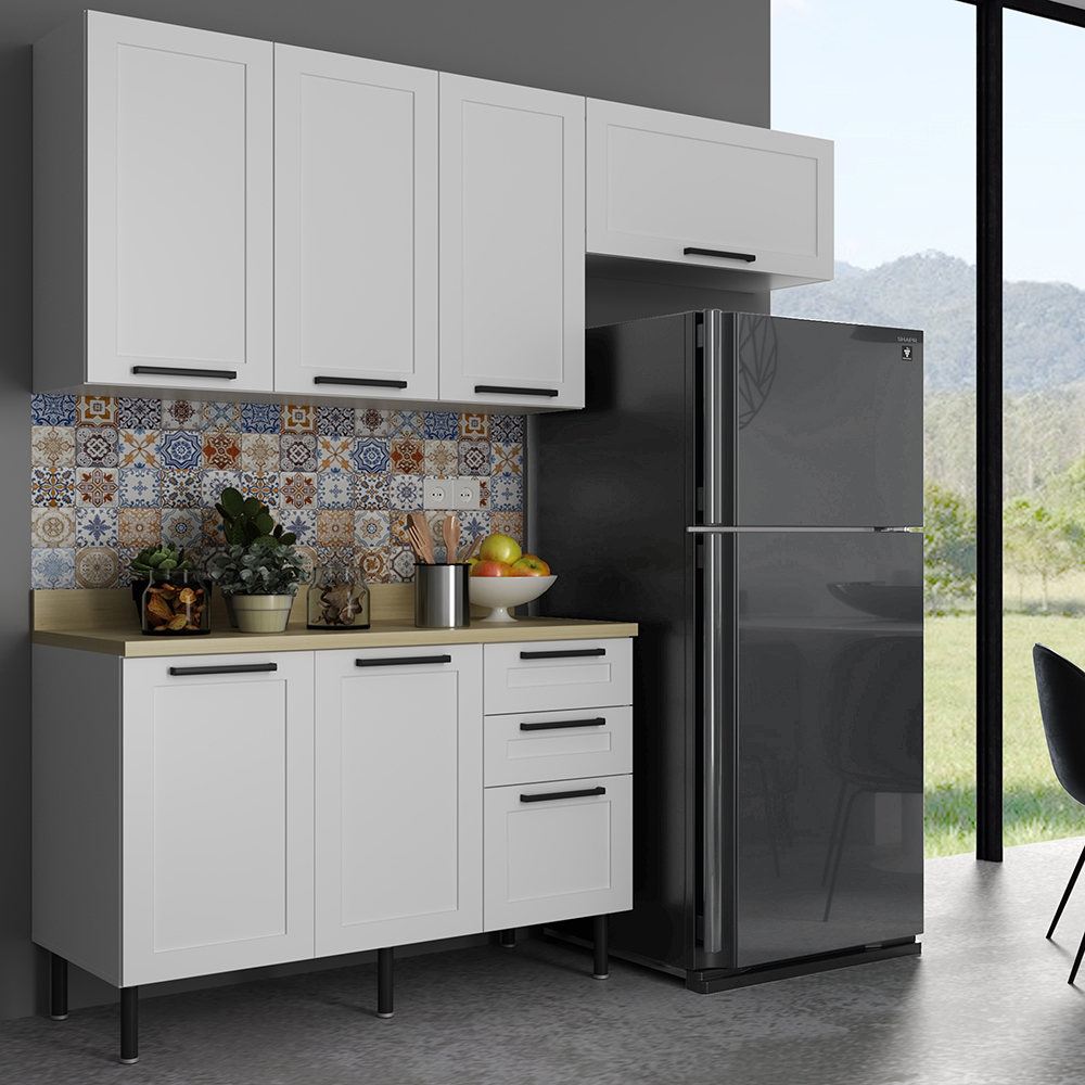 Cozinha Modulada 4 Pecas MDF 200cm Tecno Mobili Branco Carvalho Tecno Mobili