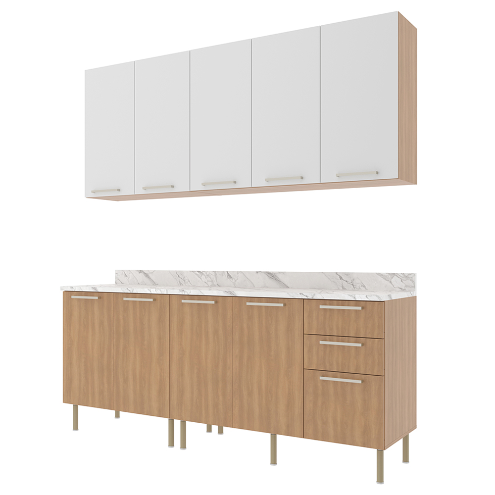 Cozinha Modulada 6 Pecas 200 cm MDP Freijo Branco Marmore Branco Tecno Mobili
