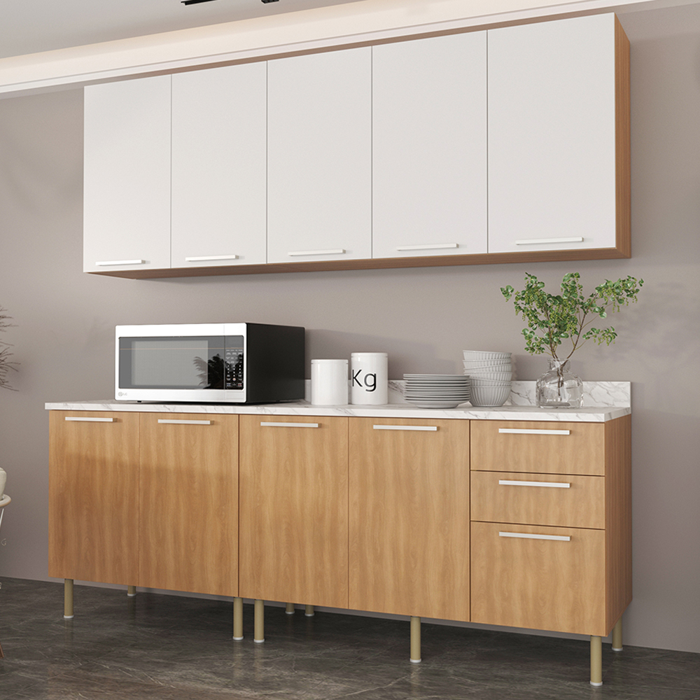 Cozinha Modulada 6 Pecas 200 cm MDP Freijo Branco Marmore Branco Tecno Mobili