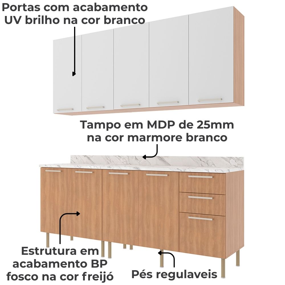 Cozinha Modulada 6 Pecas 200 cm MDP Freijo Branco Marmore Branco Tecno Mobili