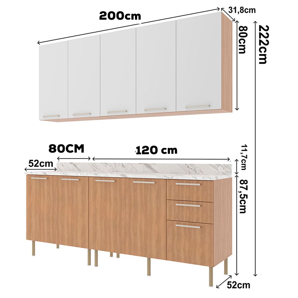 Cozinha Modulada 6 Pecas 200 cm MDP Freijo Branco Marmore Branco Tecno Mobili