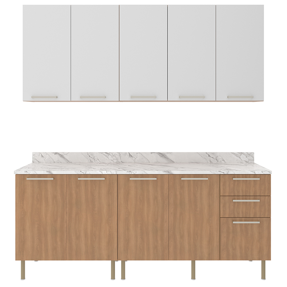 Cozinha Modulada 6 Pecas 200 cm MDP Freijo Branco Marmore Branco Tecno Mobili