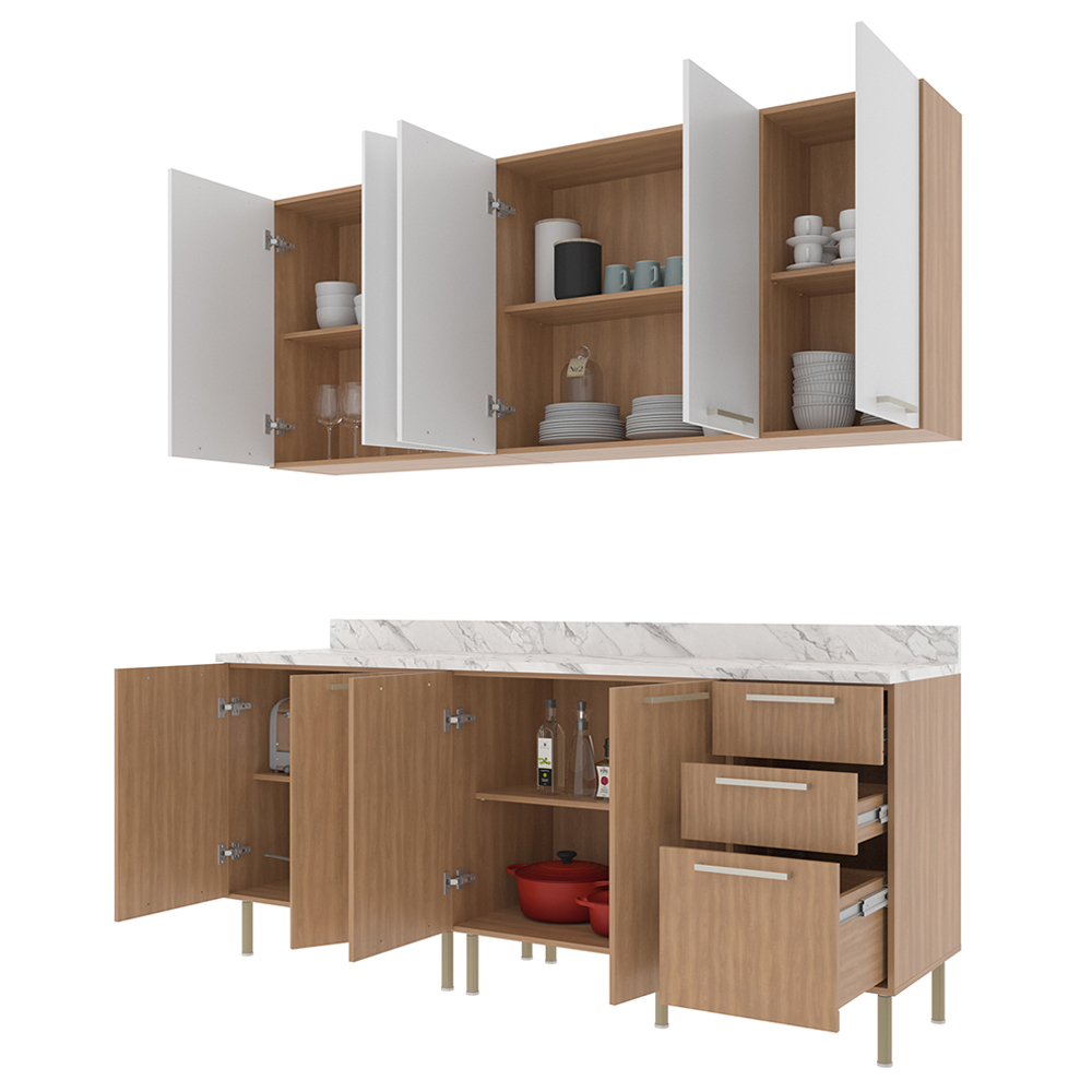 Cozinha Modulada 6 Pecas 200 cm MDP Freijo Branco Marmore Branco Tecno Mobili