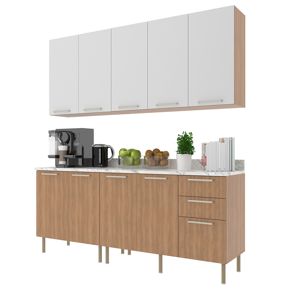 Cozinha Modulada 6 Pecas 200 cm MDP Freijo Branco Marmore Branco Tecno Mobili