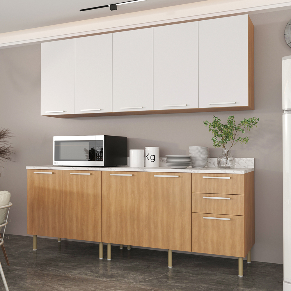 Cozinha Modulada 6 Pecas 200 cm MDP Freijo Branco Marmore Branco Tecno Mobili