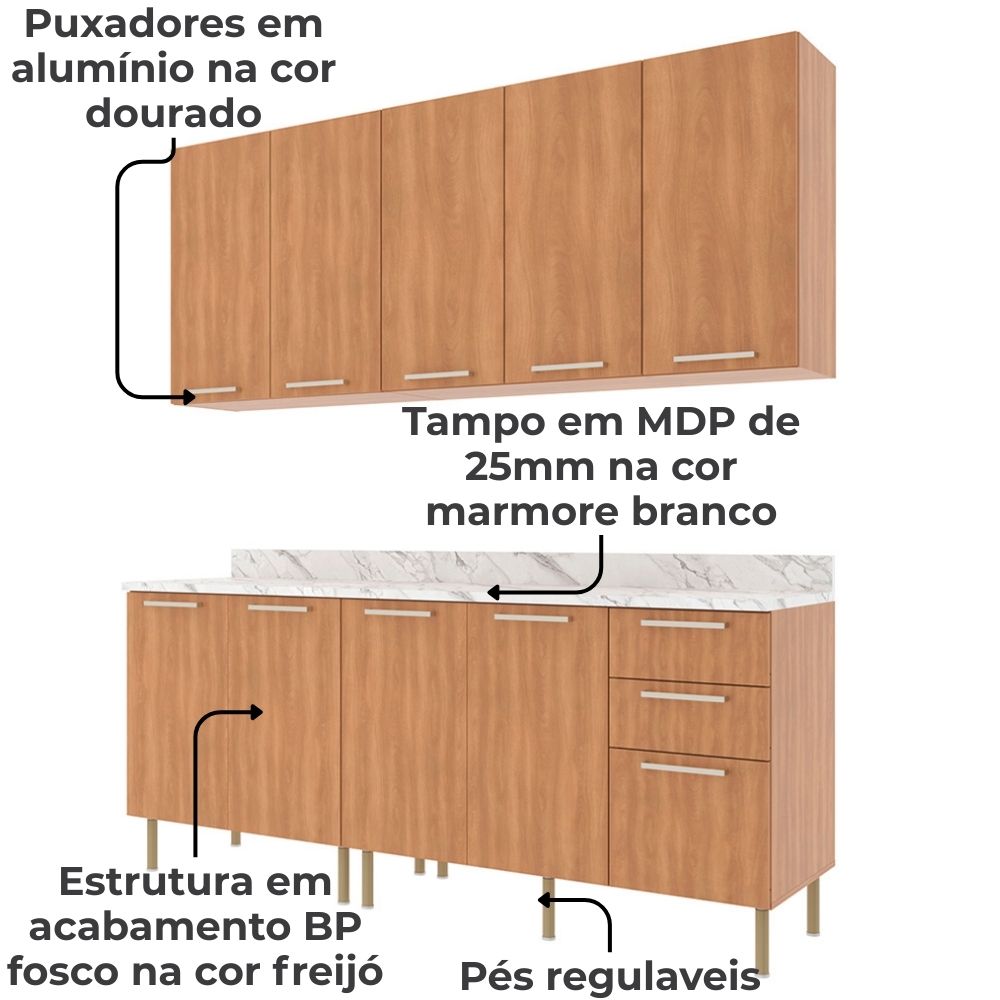 Cozinha Modulada 6 Pecas 200 cm MDP Freijo Marmore Branco Tecno Mobili