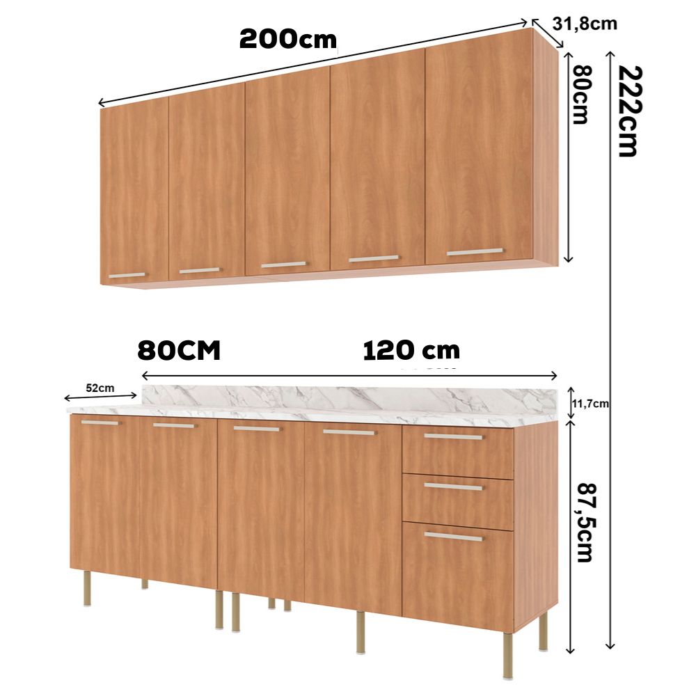 Cozinha Modulada 6 Pecas 200 cm MDP Freijo Marmore Branco Tecno Mobili