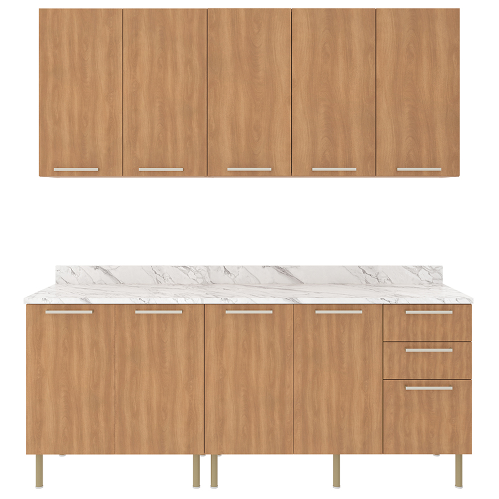 Cozinha Modulada 6 Pecas 200 cm MDP Freijo Marmore Branco Tecno Mobili
