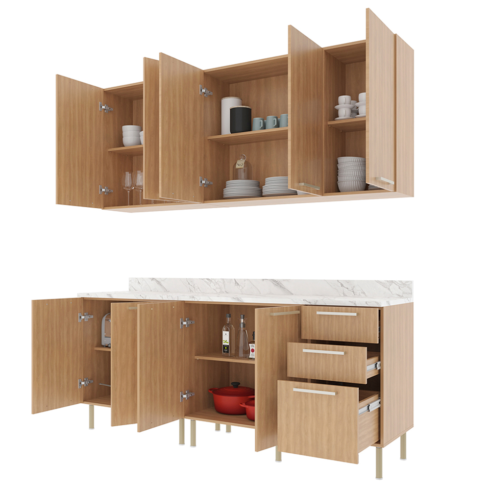 Cozinha Modulada 6 Pecas 200 cm MDP Freijo Marmore Branco Tecno Mobili