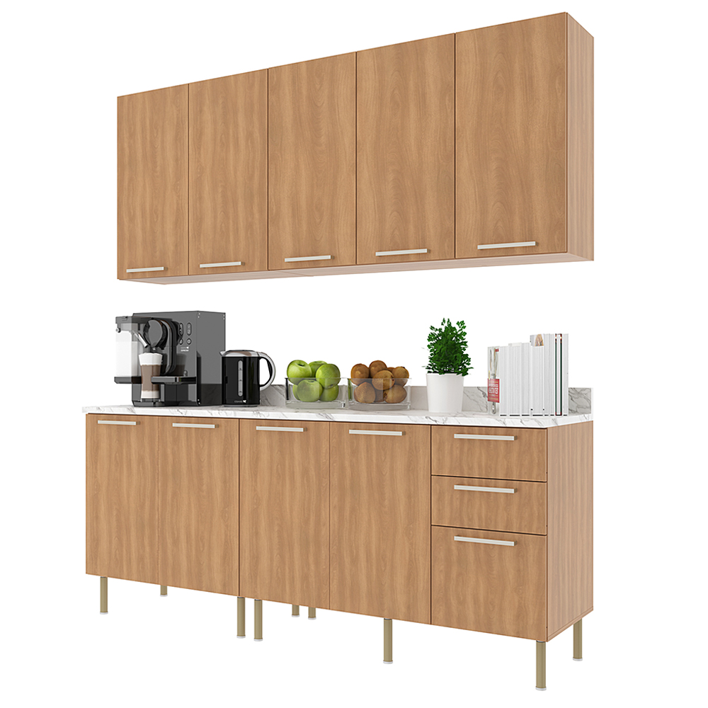 Cozinha Modulada 6 Pecas 200 cm MDP Freijo Marmore Branco Tecno Mobili