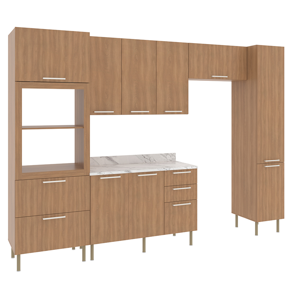 Cozinha Modulada 6 Pecas 320 cm MDP Freijo Marmore Branco Tecno Mobili