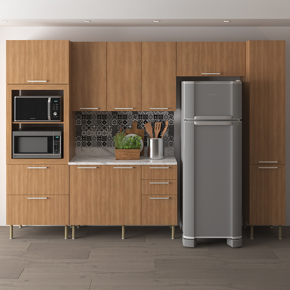 Cozinha Modulada 6 Pecas 320 cm MDP Freijo Marmore Branco Tecno Mobili