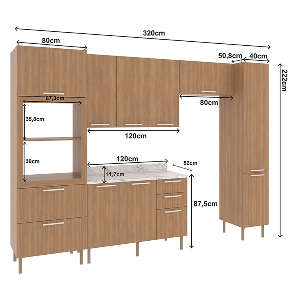 Cozinha Modulada 6 Pecas 320 cm MDP Freijo Marmore Branco Tecno Mobili