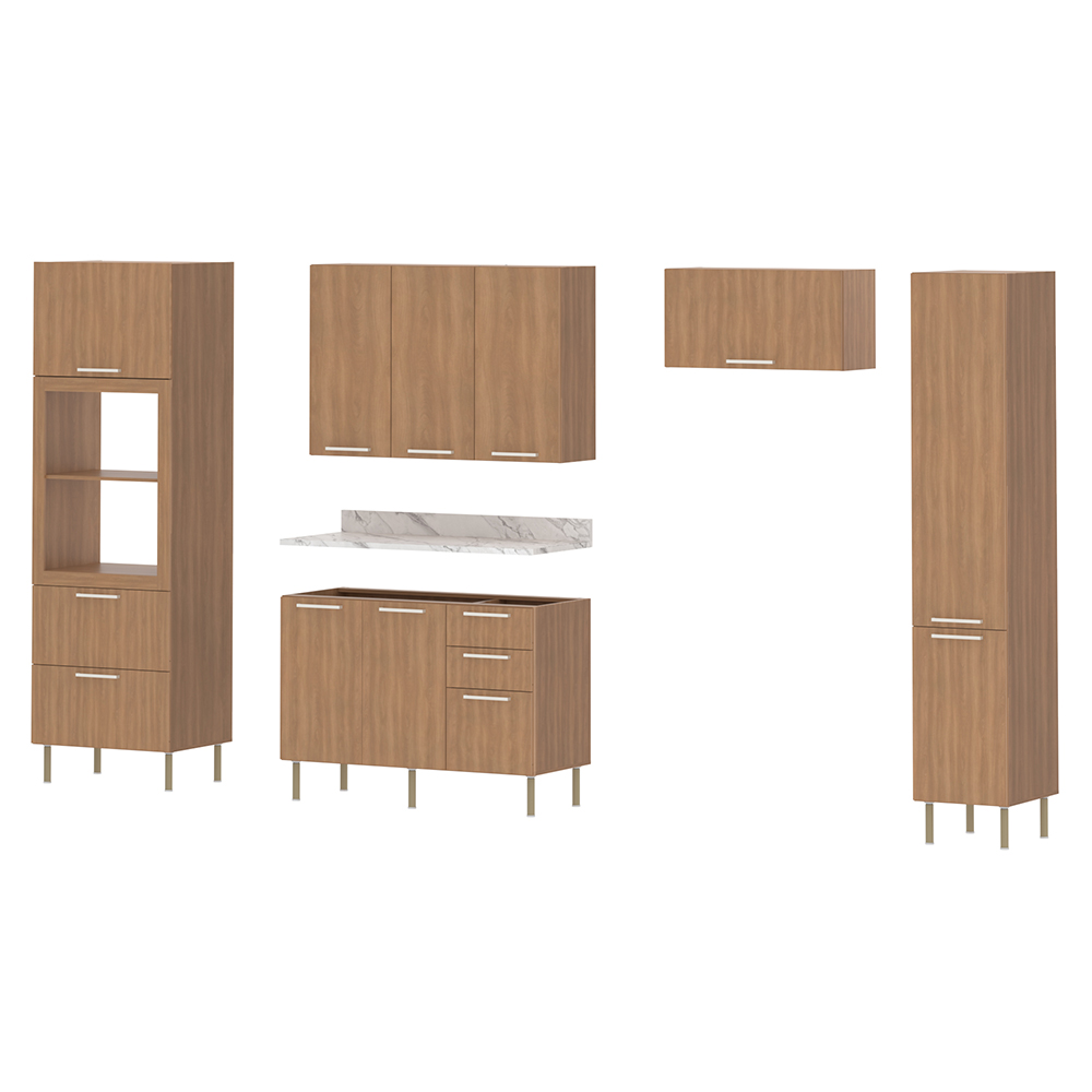 Cozinha Modulada 6 Pecas 320 cm MDP Freijo Marmore Branco Tecno Mobili