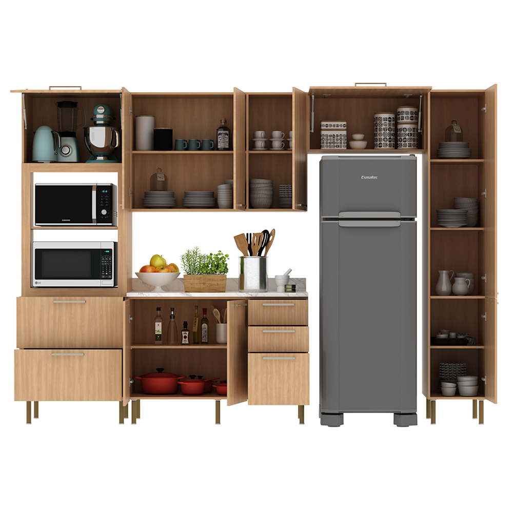 Cozinha Modulada 6 Pecas 320 cm MDP Freijo Marmore Branco Tecno Mobili
