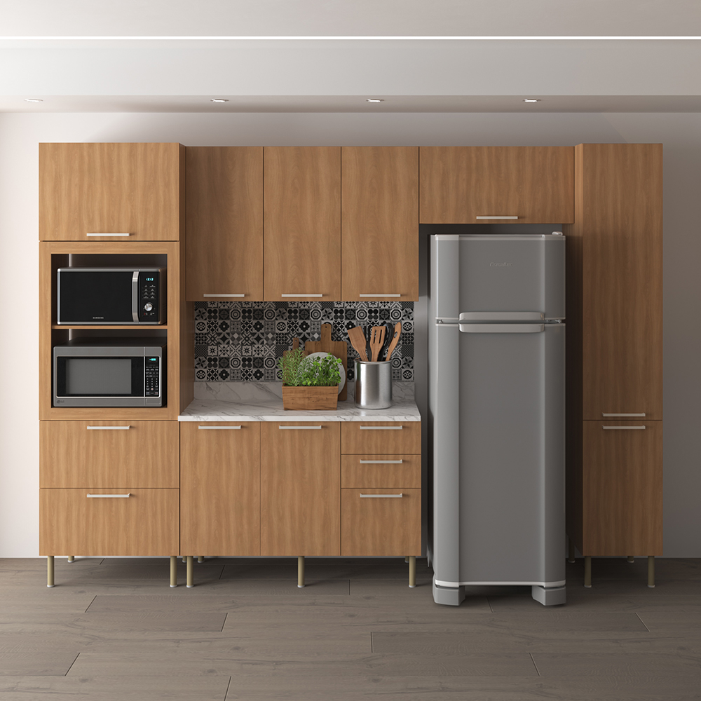 Cozinha Modulada 6 Pecas 320 cm MDP Freijo Marmore Branco Tecno Mobili