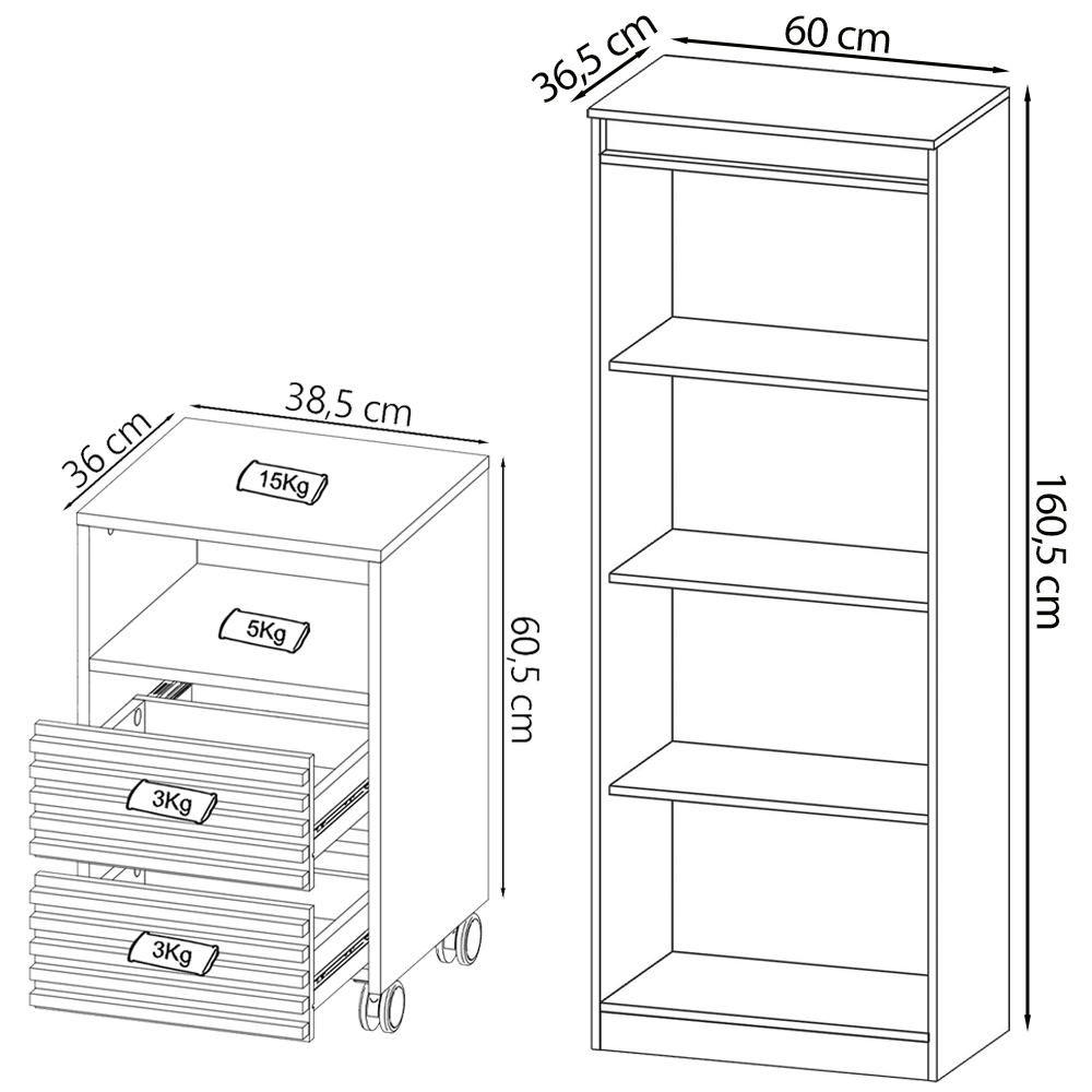 Escrivaninha Estante e Gaveteiro Para Escritorio MEX74X50X75 Branco Tecno Mobili