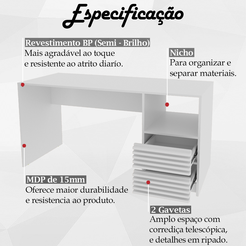 Escrivaninha Gaveteiro Ripado 1 Prateleira ME4174 Branco Tecno Mobili