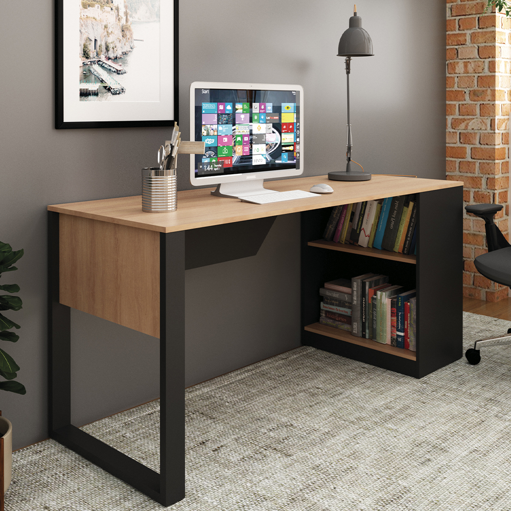 Escrivaninha Mesa Escritorio 2 Prateleiras ME4182 Amendoa Preto Tecno Mobili