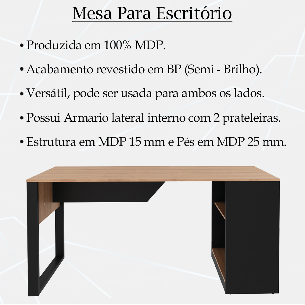 Escrivaninha Mesa Escritorio 2 Prateleiras ME4182 Amendoa Preto Tecno Mobili