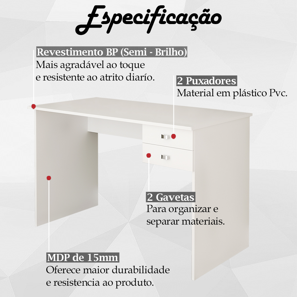 Escrivaninha Mesa Escritorio 2 gavetas ME4165 Branco Tecno Mobili