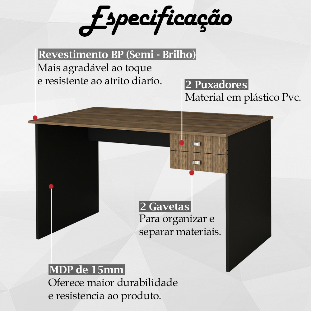 Escrivaninha Mesa Escritorio 2 gavetas ME4165 Nogal Preto Tecno Mobili