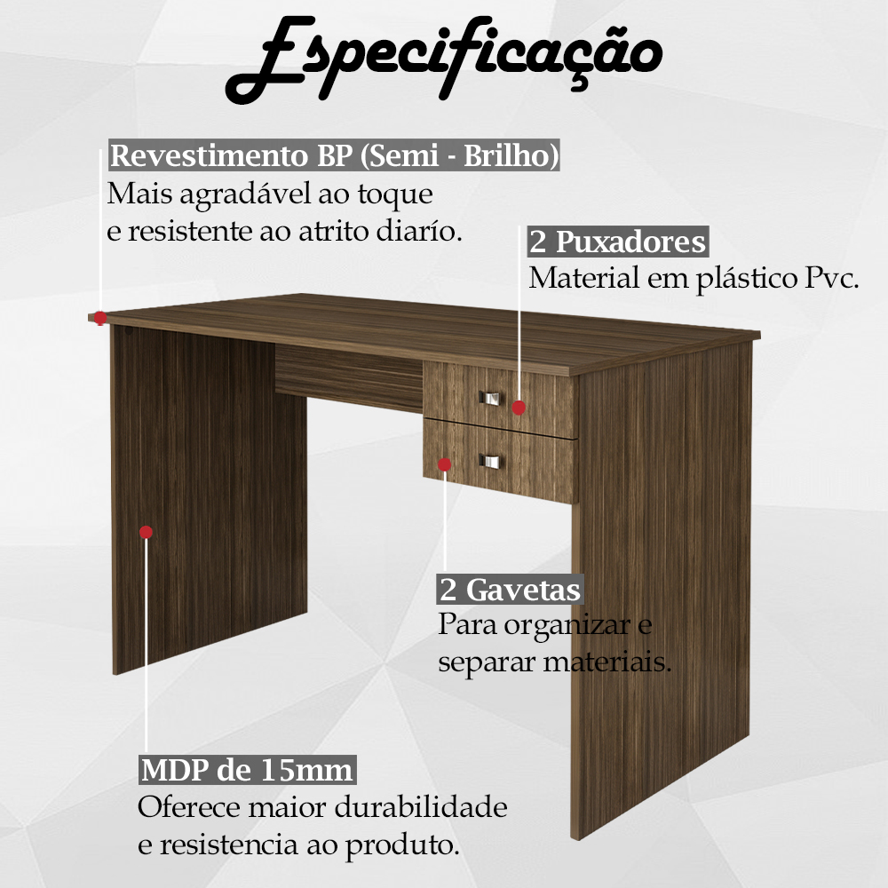 Escrivaninha Mesa Escritorio 2 gavetas ME4165 Nogal Tecno Mobili