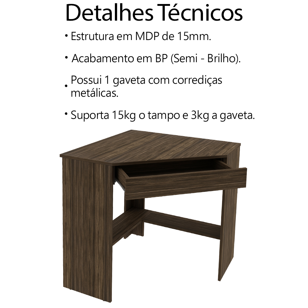 Escrivaninha Mesa Escritorio de Canto 76,5 cm ME4169 Nogal Tecno Mobili