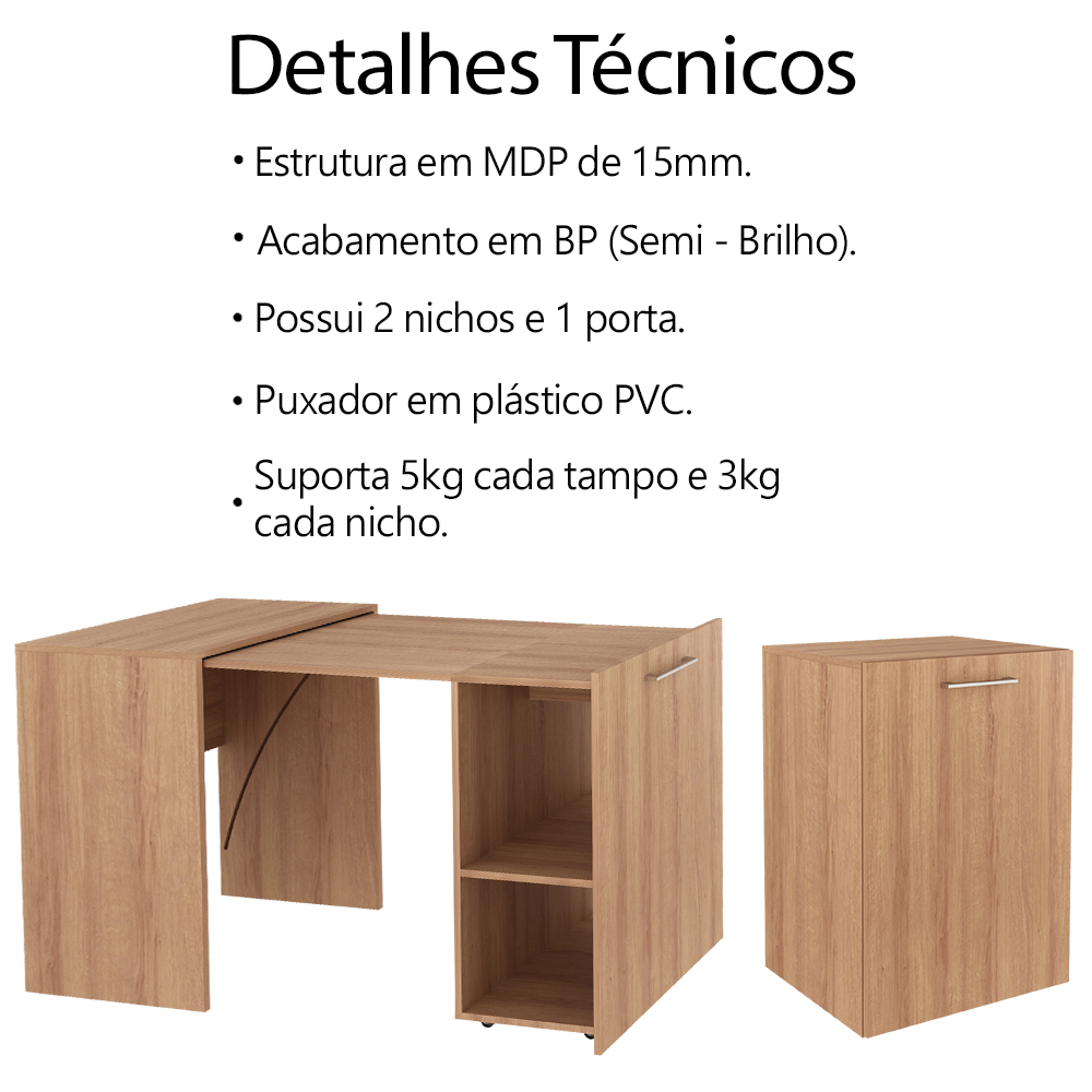 Escrivaninha Multiuso Retratil 2 nicho ME4170 Amendoa Tecno Mobili